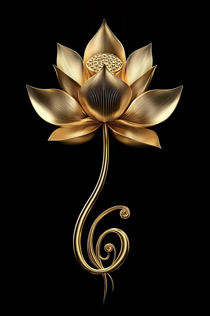A golden lotus flower, rendered in a 3D style, stands out against a black background. Its petals are delicately detailed, each one shimmering with a metallic sheen. The flower's stem gracefully curls, adorned with intricate swirls and patterns, adding a touch of elegance and sophistication. The overall image exudes a sense of beauty, luxury, and serenity.