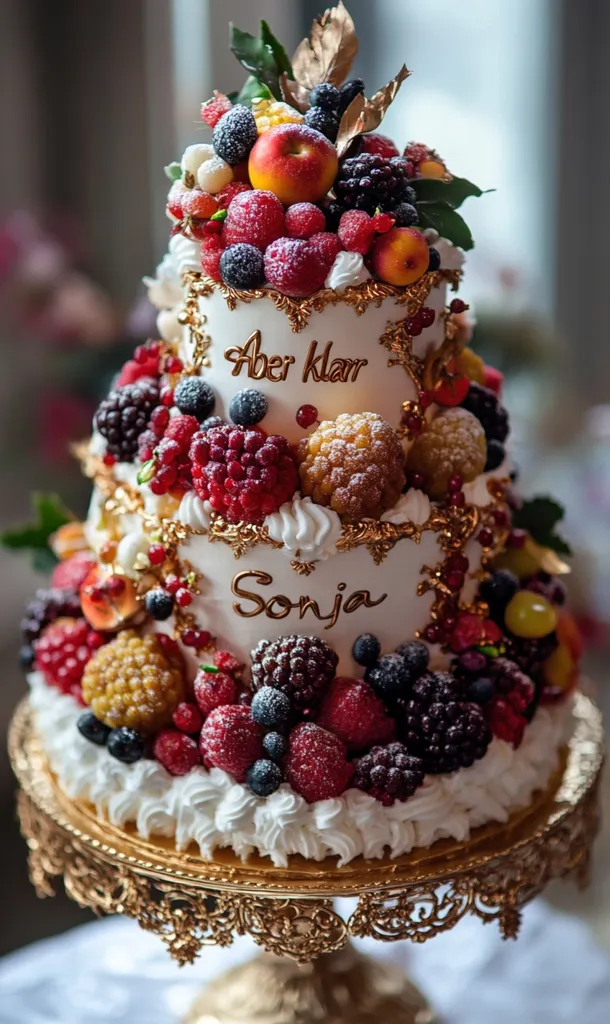 A three-tiered wedding cake adorned with an abundance of fresh berries, including raspberries, strawberries, blueberries, and blackberries. The cake is decorated with delicate white frosting and a golden trim, and the words "Aber klar" and "Sonja" are written in elegant script on the sides.  It sits upon a gold ornate cake stand. The overall effect is one of opulence and celebration.