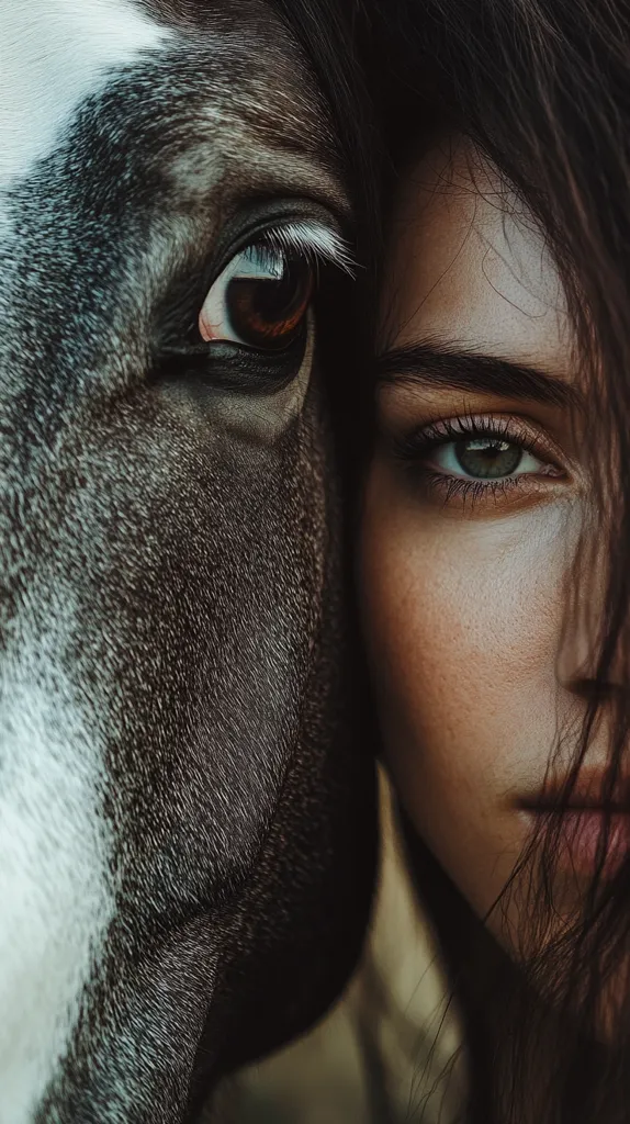 The image is a close-up shot of a horse's eye and a woman's eye.  The horse's eye is dark and intense, while the woman's eye is soft and delicate. Their eyes are almost touching, creating a sense of intimacy and connection.  The image is shot in a way that highlights the contrast between the two eyes, making it a visually striking image.  The horse's fur is dark and the woman's hair is long and flowing.  The image is a bit blurry, which adds to the sense of intimacy and mystery.  The image is evocative and leaves the viewer wondering about the relationship between the horse and the woman.