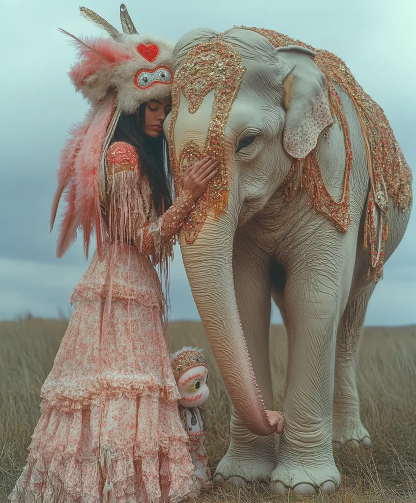 A woman adorned in a pink feathered headdress and a flowing floral dress stands beside a white elephant adorned in gold sequins. The woman is gently resting her hand on the elephant's trunk, her eyes closed in a moment of peaceful connection. A small toy monkey sits at the foot of the elephant, adding a whimsical touch to the scene. The background is a soft, blurred field of tall grass, creating a serene and ethereal atmosphere.