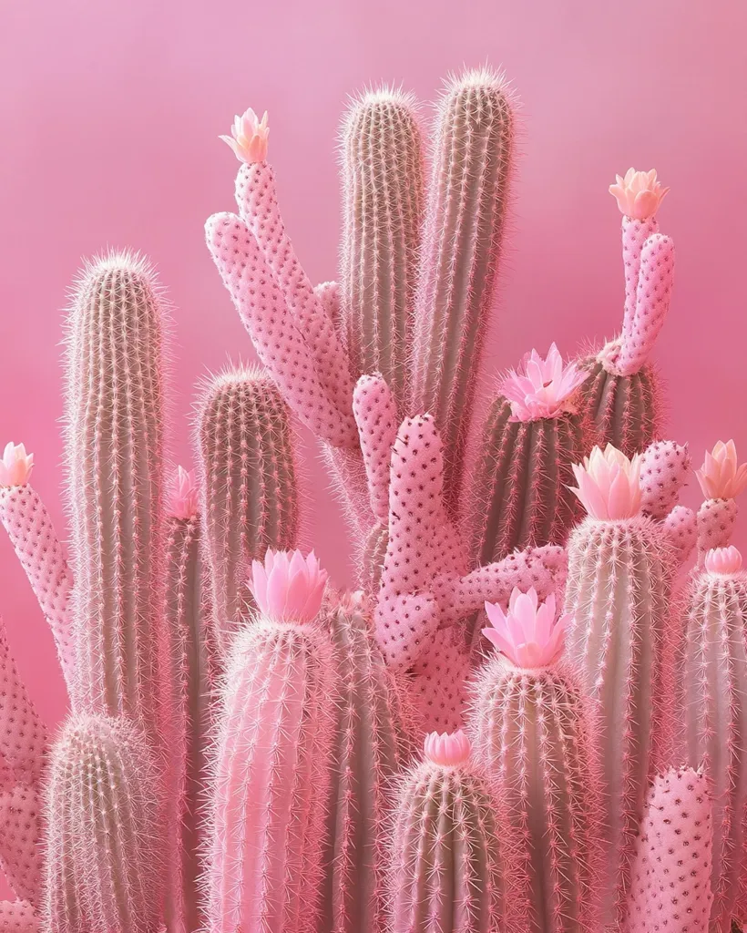 A cluster of cacti, rendered in various shades of pink, stand against a pale pink background. The cacti have delicate, spiky textures and feature small, pink flowers blooming amongst their spines. The image evokes a whimsical, surreal, and feminine aesthetic.