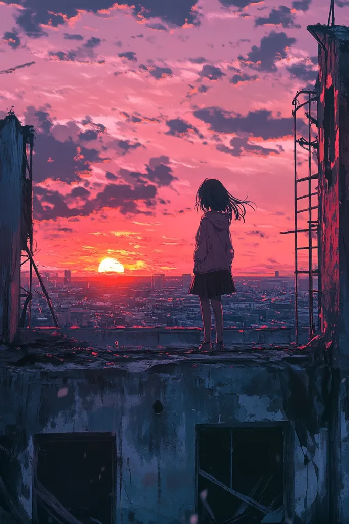 A lone girl stands on a rooftop overlooking a city skyline as the sun sets. The sky is a vibrant blend of pink and orange, creating a dramatic backdrop. The girl, dressed in a pink hoodie and black skirt, looks out at the distant horizon. The scene is both beautiful and melancholic, evoking a sense of solitude and introspection. The ruined building suggests a past event, adding to the mystery of the moment. The image captures a fleeting moment of quiet contemplation against the backdrop of a bustling city.