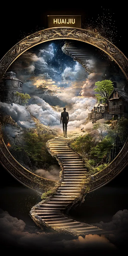 The image depicts a man walking up a winding stone staircase that leads to a fantastical, cloud-filled landscape. The staircase is framed by a golden ornate circle, and the scene is filled with clouds, greenery, and a distant house with a tower. The image evokes a sense of wonder and the journey to a higher place.