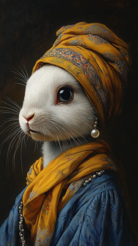 A white rabbit, dressed in a blue and yellow outfit, looks directly at the viewer. The rabbit is wearing a large yellow turban with a blue and gold design, a yellow scarf tied around its neck, and a blue gown. The rabbit is also adorned with pearls, one hanging from its ear and several strung around its neck. The background is a dark, shadowy blue, creating a dramatic effect.  The painting is a humorous and surreal depiction of a rabbit dressed as a human, and it captures the viewer's attention with its vibrant colors and interesting subject matter.