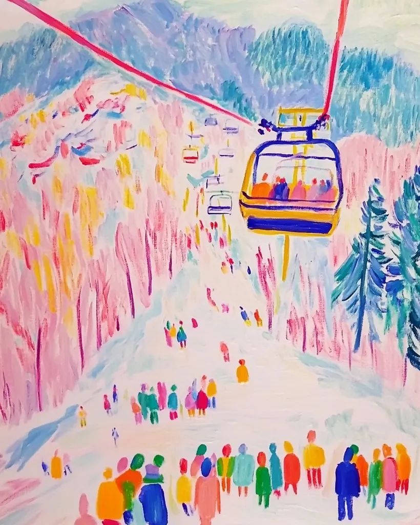 A colorful, impressionistic painting depicts a ski resort. A yellow gondola carrying passengers ascends a slope. Below, people in brightly colored clothing walk across a white snowy ground. A few trees in the distance and behind the gondola are painted with vivid blue and green hues. The painting is filled with energy and vibrant colors.
