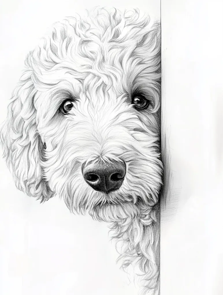 A detailed pencil drawing of a fluffy, white dog peering around a corner. The dog's nose is in focus and shaded in dark gray, creating a contrast with the rest of the white fur. The dog's eyes are partially visible, adding to the playful and curious nature of the image.  The drawing captures the essence of a playful pup peeking out from behind a wall.