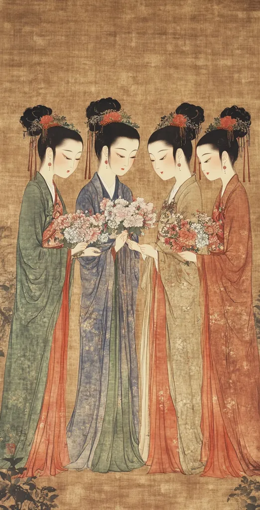 Four women, adorned in flowing robes and elaborate hairstyles, stand against a muted gold background. They hold delicate bouquets of flowers, their hands gently intertwined. Each woman wears a distinct color scheme, their expressions serene and contemplative. The painting evokes an atmosphere of grace and elegance.  The flowing lines of the robes and the subtle details of the flowers suggest a quiet moment of beauty and harmony.