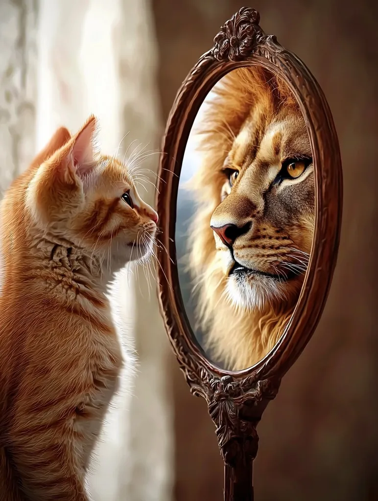 A ginger cat stands on its hind legs, gazing intently into a vintage, ornate mirror.  The reflection shows a majestic lion with piercing eyes and a powerful presence, creating a captivating contrast between the small feline and the imposing beast. The image evokes a sense of inner strength and the potential for greatness that lies within.