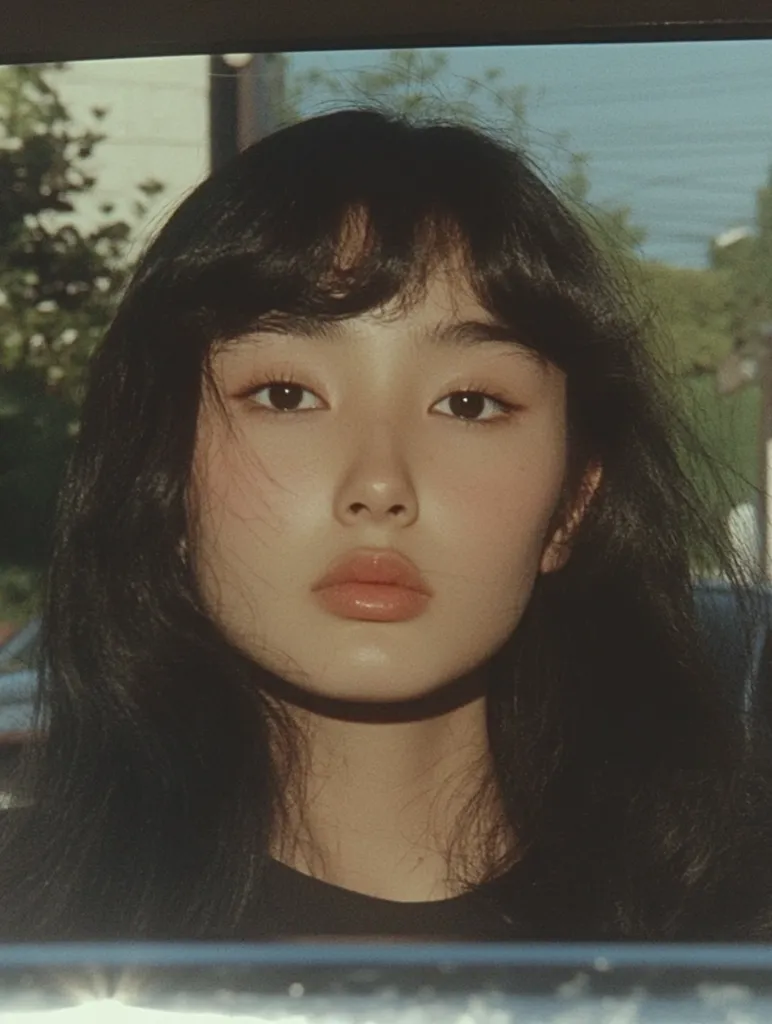 A young woman with long, dark hair and a fringe stares directly at the camera. She has fair skin, large eyes with dark eyeliner, and a soft, neutral expression. The image is slightly grainy and has a vintage aesthetic, suggesting it was taken with a film camera.  The blurry background suggests she is looking out of a car window.  The photo is shot from a low angle, focusing on her face and eyes.