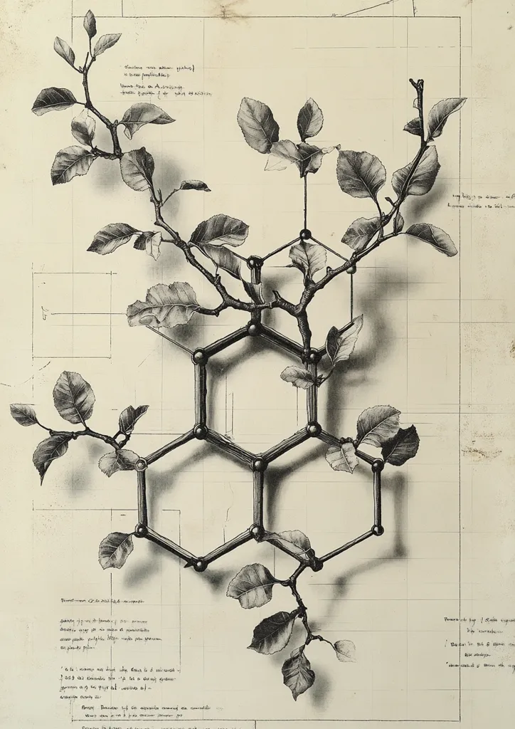 A pencil drawing depicts a plant growing through a hexagonal structure, possibly representing a molecule or a honeycomb. The plant is drawn with intricate detail, highlighting the delicate leaves and branches, while the structure is rendered with sharp, defined lines. The drawing is set against a grid background, suggesting a scientific or architectural context. The overall image evokes a sense of both natural growth and structured design.  The drawing is likely a study of the relationship between nature and human creation.