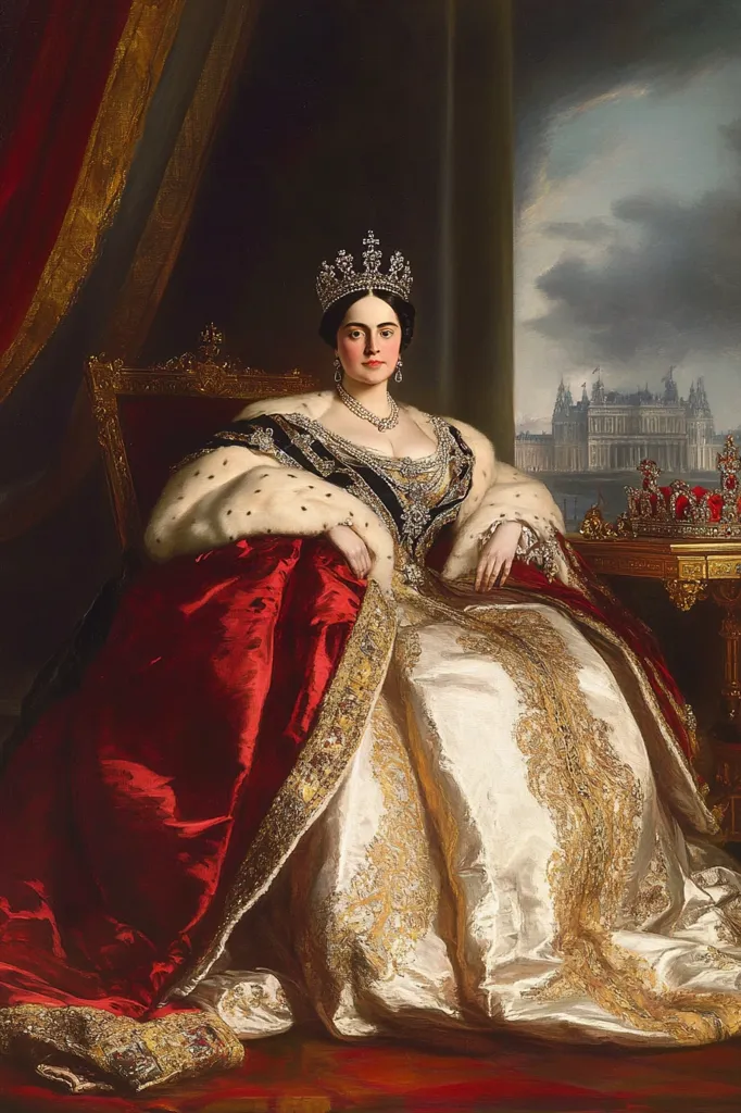 The painting depicts a woman wearing a lavish gown and a crown. She is seated in a chair with a fur-trimmed robe draped over her shoulders. The background features a window with a view of a city skyline and a table with a crown on it.  The woman's elegant posture and the luxurious details of her attire create a sense of royalty and grandeur. The painting captures the opulence of courtly life.