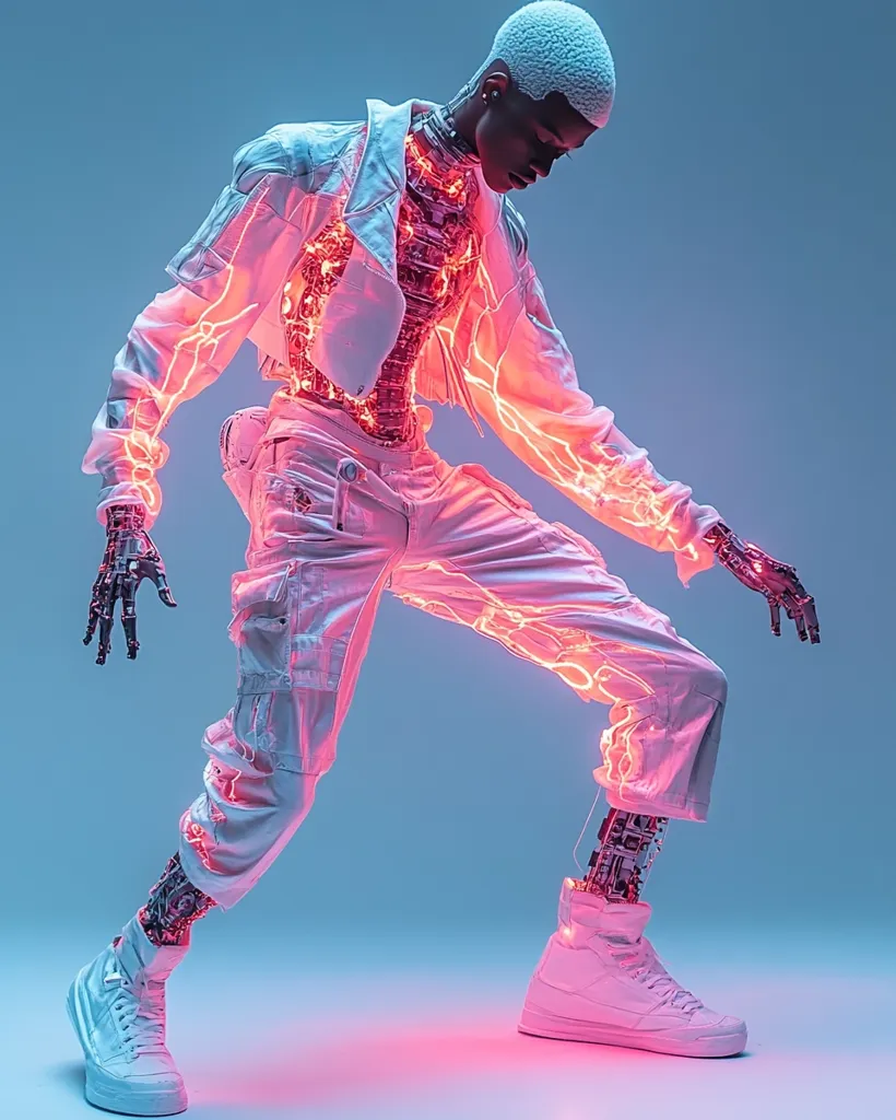 A person with a robotic body and glowing pink and white lights is wearing white pants, a white jacket, and white sneakers. They have short white hair, and they are posed in a dancing position with their right leg bent and their left leg straight. The person is facing to the right, and they are looking down. The background is a light blue color. The image appears to be digitally created.