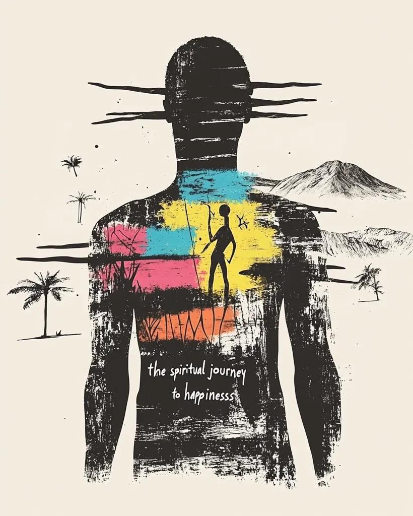 The image depicts a black silhouette of a person with a colorful, abstract design on their back. The design includes a stick figure, palm trees, mountains, and the words "the spiritual journey to happiness." The silhouette is covered in black strokes, creating a textured and gritty effect. The overall feel of the image is one of introspection and the search for inner peace.