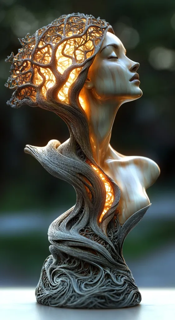 The sculpture is a woman's bust, made to look like a tree with intricate roots. Her head is engulfed in the tree's branches, with glowing light illuminating the intricate network of wood. The sculpture is made of a smooth, light-colored material, creating a contrast with the darker, textured tree roots. The woman's face is serene, with eyes closed, suggesting a sense of peace and connection with nature.  The overall impression is one of beauty, mystery, and the cyclical nature of life and growth.