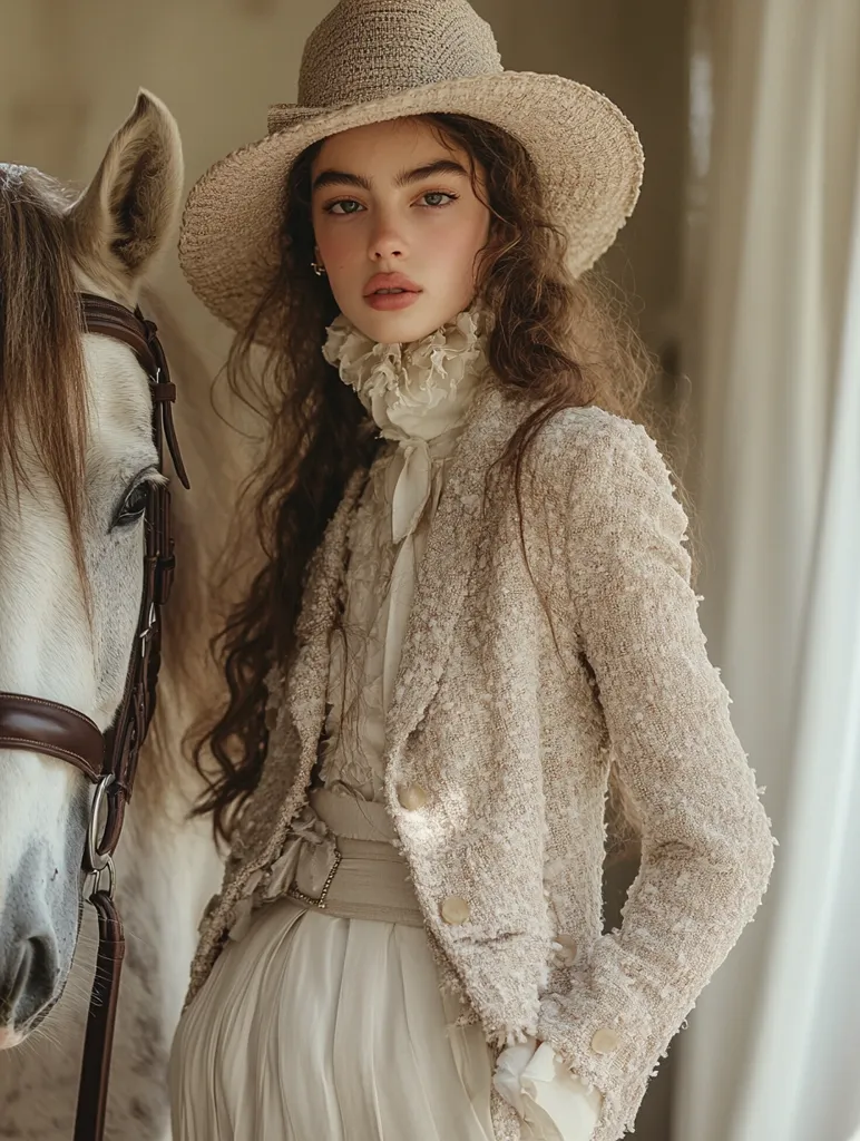 A young woman with long brown hair wears a wide-brimmed straw hat, a cream-colored tweed jacket, a white blouse with a frilly collar, and a long white skirt. She stands next to a white horse, gazing directly at the viewer with an intense and slightly melancholic expression. The image is soft-toned, with a vintage aesthetic and a sense of elegance.