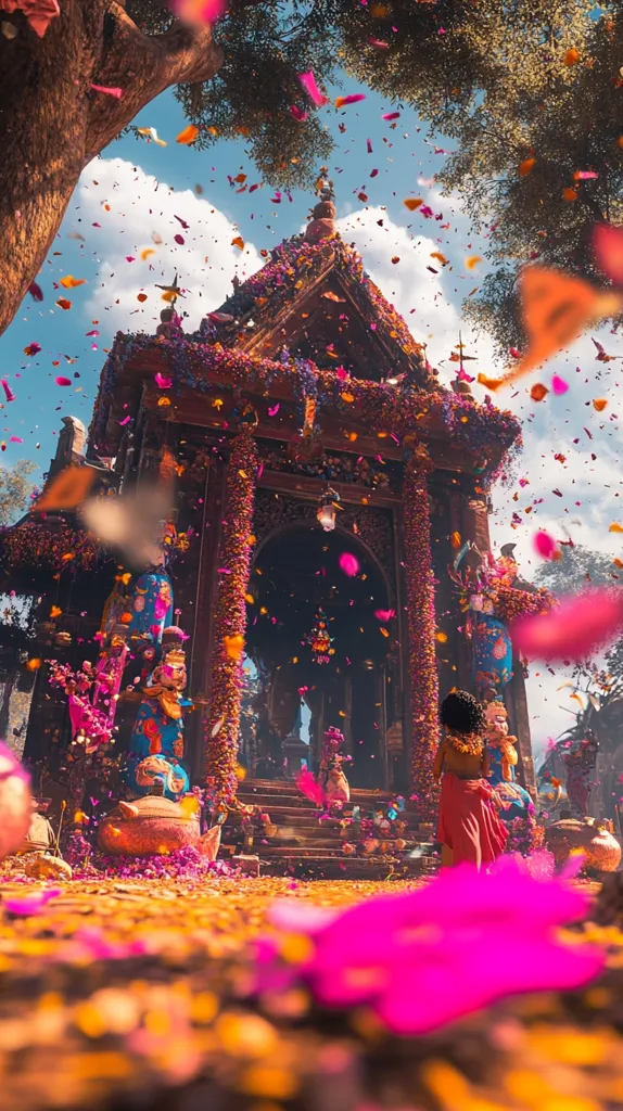 A grand, ornate temple stands adorned with vibrant floral decorations, while a young woman in a red skirt walks through a shower of pink petals. The scene is a celebration of life and faith, capturing the beauty of a cultural tradition. The sky is a vibrant blue, and the petals are scattered throughout the image, creating a magical and whimsical atmosphere.