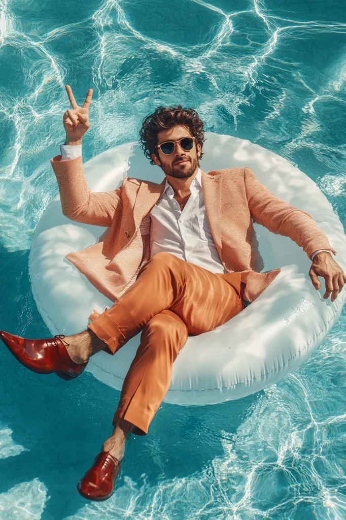 A man in a peach blazer, a white shirt, and burnt orange pants floats in a white pool ring in a bright blue pool. He is wearing sunglasses and has a relaxed expression on his face. He holds his left hand up in a peace sign and the sun is shining on the water. The man appears to be enjoying his time in the pool.