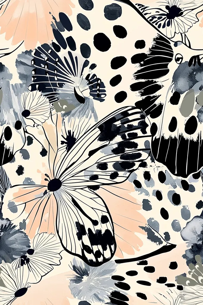 A black and white butterfly with detailed wings is the central focus of this abstract, watercolor-style image. The butterfly is partially obscured by various other shapes, including flower-like forms, polka dots, and splashes of color. The background is a soft blend of peach, white, and gray, creating a dreamy and whimsical feel. The artwork is a harmonious interplay of organic shapes and textures, drawing the viewer's attention to the delicate beauty of the butterfly.