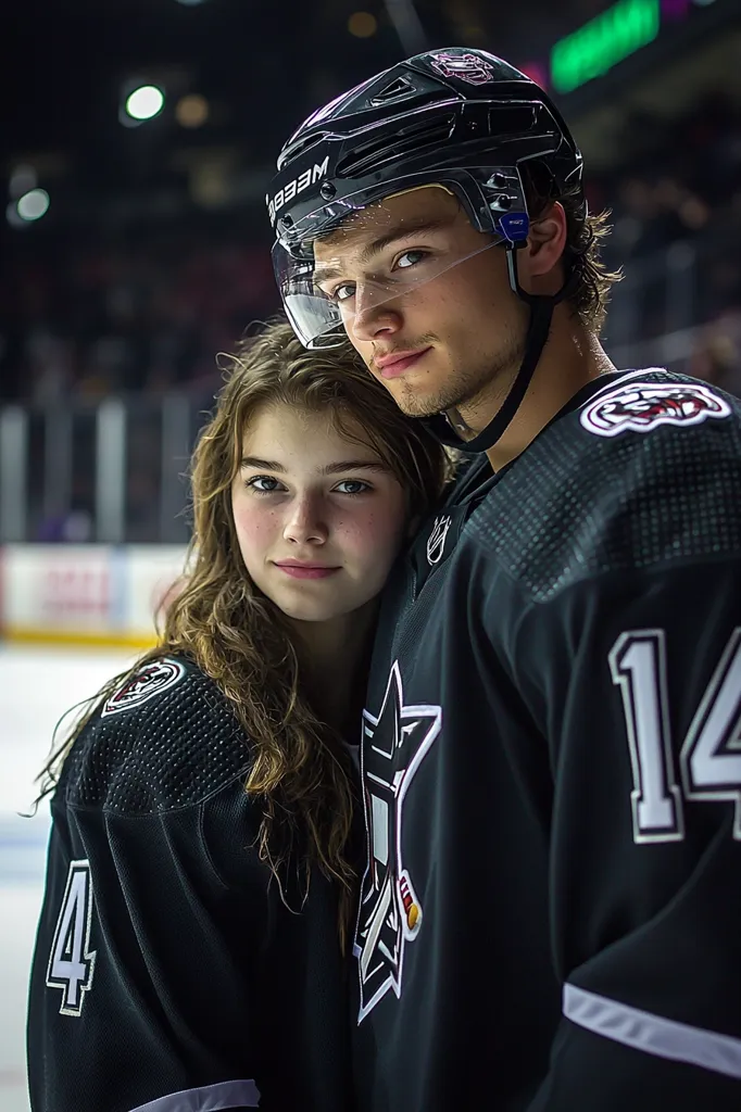 A young man wearing a black hockey jersey with a star on the front and the number 14 on the back stands with his arm around a young woman wearing a black hockey jersey with the number 4 on the front.  The man is wearing a black helmet with a clear visor and the woman is smiling. The background appears to be an ice rink. The couple is looking off to the side.  Their matching jerseys and the setting suggest they are on a hockey team.