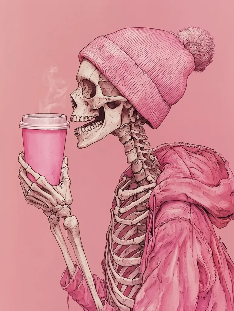 A skeleton, wearing a pink beanie and a pink hoodie, holds a pink cup of coffee. Steam rises from the cup, and the skeleton appears to be enjoying the drink. The background is a pale pink. The image has a whimsical, almost surreal quality.