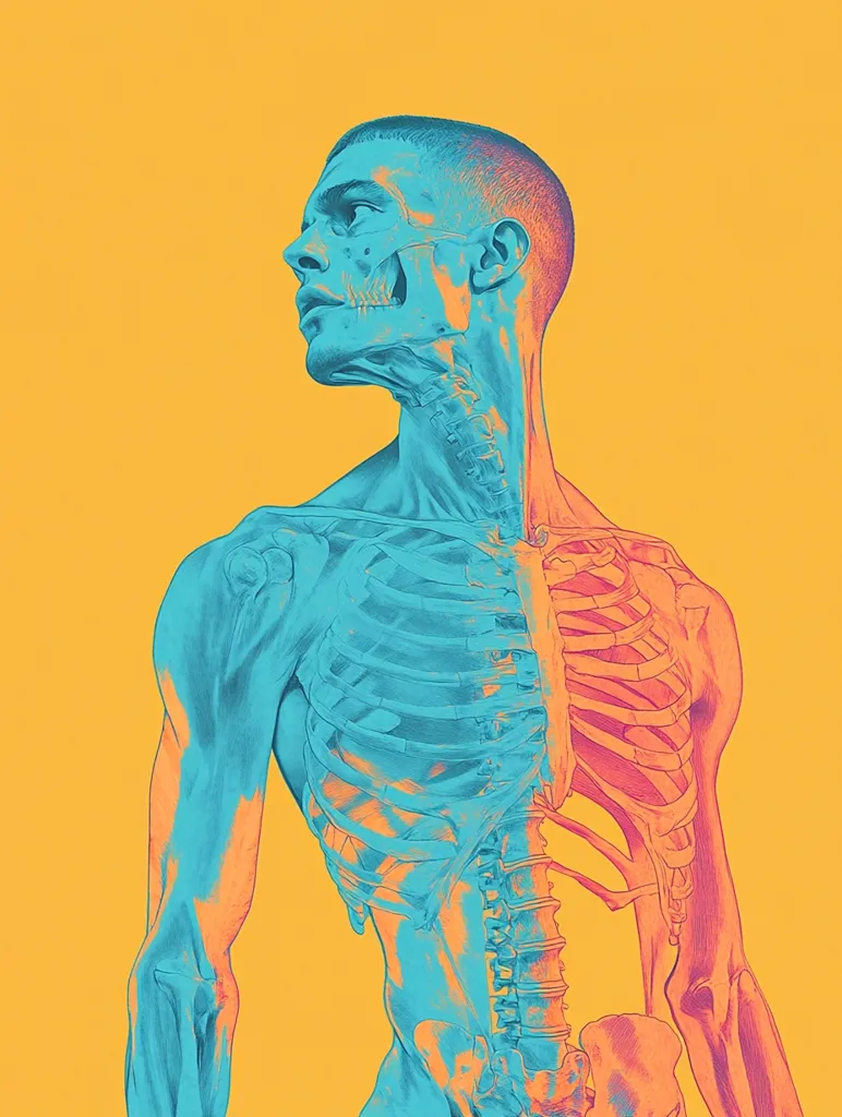 A digital illustration depicting a man's skeletal system. His body is shown in shades of blue and the skeletal structure is in pink. The image is rendered against a vibrant yellow background.  The man's expression is stoic, and his posture is relaxed, creating an intriguing contrast between the vulnerability of exposed bones and the strength of the human form.  The use of contrasting colors further enhances this tension, making the image both visually compelling and thought-provoking.