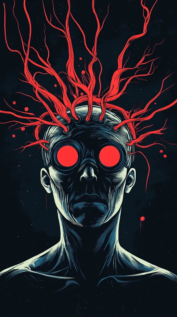 A dark and mysterious image of a man with a strange, branching, red growth extending from his head. He is wearing large, round goggles with red lenses that cover his eyes. The man has a stern expression and a muscular neck, suggesting a powerful or possibly dangerous individual. The background is dark, with scattered red dots that resemble blood droplets. The overall impression is one of unsettling mystery and potential threat.