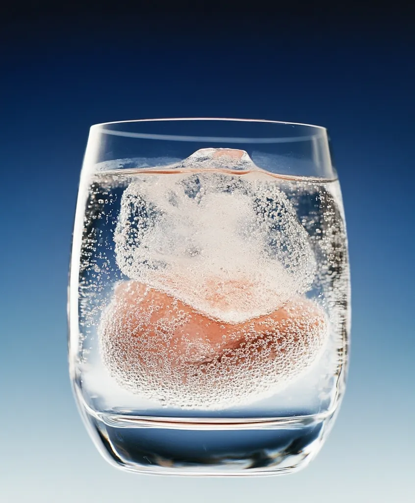 A glass filled with water and ice is sitting against a blue backdrop. The ice is melting, and there are small bubbles forming in the water. The glass is clear and the water is sparkling.  The ice cube appears to be a pink color and is partially submerged in the water.