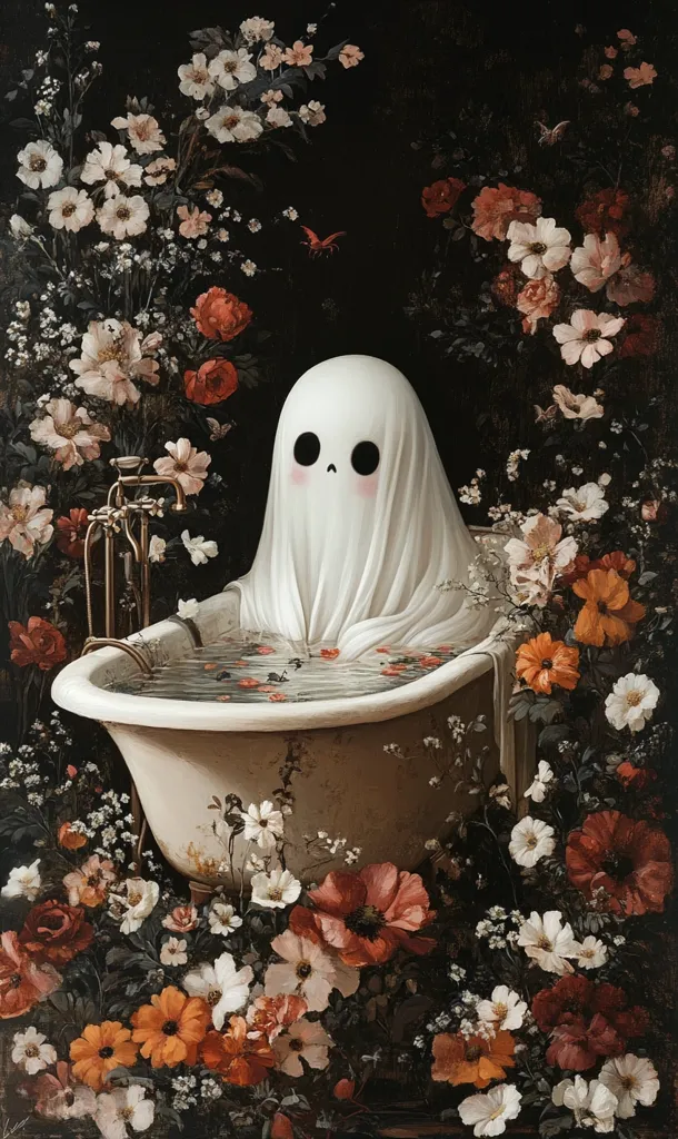 A white ghost with large black eyes and a sweet expression is taking a bath in a clawfoot tub. It is surrounded by a lush arrangement of flowers in hues of red, orange, and white. The backdrop is dark, creating a mysterious and enchanting atmosphere. The image appears to be a whimsical and imaginative illustration.