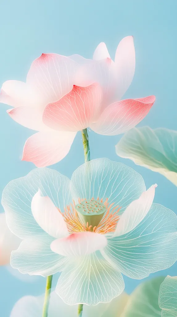The image showcases two delicate lotus flowers against a soft blue backdrop. The upper flower is a vibrant pink with translucent petals, while the lower flower is a pale white with visible veins and a green center. The overall effect is ethereal and serene, emphasizing the beauty and fragility of nature.