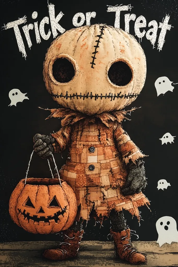 A stitched-up scarecrow-like figure with a pumpkin head and a torn plaid shirt holds a jack-o-lantern bucket. The figure stands against a dark background with scattered white ghosts, and the words "Trick or Treat" are stitched above it. The image evokes a spooky and playful Halloween vibe.