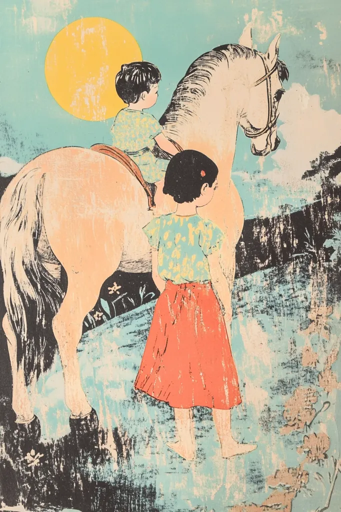 The image is a stylized illustration of two girls and a white horse. One girl is riding the horse, while the other is standing behind her. The background is a light blue sky with a large yellow sun. The scene is set in a grassy field. The girls are dressed in simple, colorful clothing. The horse has a black mane and tail. The image is rendered in a simple, childlike style.  The image has a whimsical and playful feel.