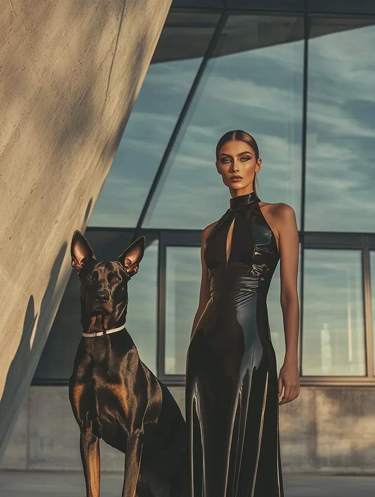 A woman in a black, shiny dress stands beside a Doberman Pinscher. Both subject are posed in a dramatic fashion against a backdrop of a concrete wall and a modern building with large windows. The woman's hair is slicked back, and she looks directly at the camera. The dog is looking toward the ground. The image is filled with sleek lines and angles, creating a sense of sophistication and power.