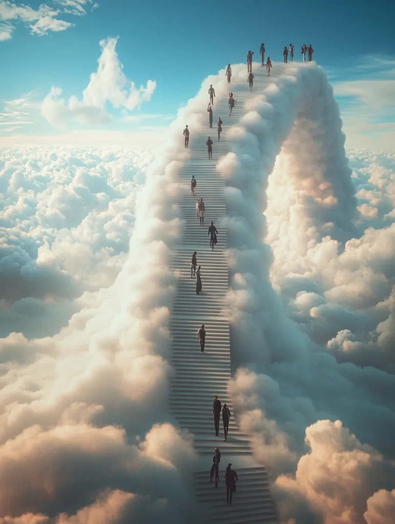 A long staircase made of clouds ascends into a bright sky, with numerous figures walking up it. The staircase is surrounded by fluffy white clouds, creating a heavenly atmosphere. The scene evokes a sense of wonder and the possibility of reaching a higher state of being.