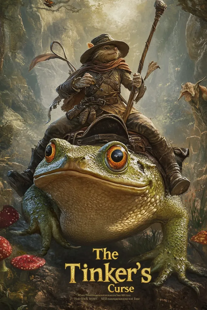 A furry, anthropomorphic creature in a brown hat and cloak rides atop a large, green frog. They are in a forest setting with lush foliage and mushrooms in the foreground. The creature holds a staff in one hand and looks forward with determination. The title "The Tinker's Curse" is written in gold lettering at the bottom. The image evokes a sense of adventure and a fantastical world.