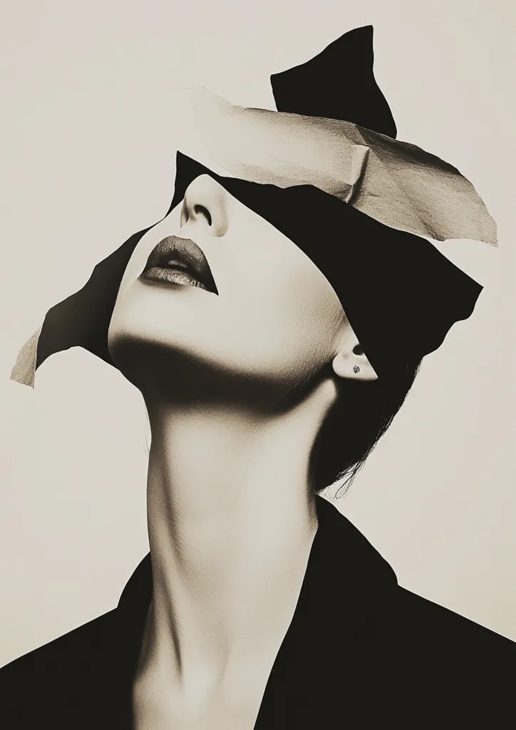 The image shows a woman's face partially obscured by a black and white abstract design. Her eyes are covered, creating a sense of mystery. She has dark, full lips and a smooth complexion. Her neck is long and slender, and she wears a black blazer. The image has a dramatic, high-contrast aesthetic.