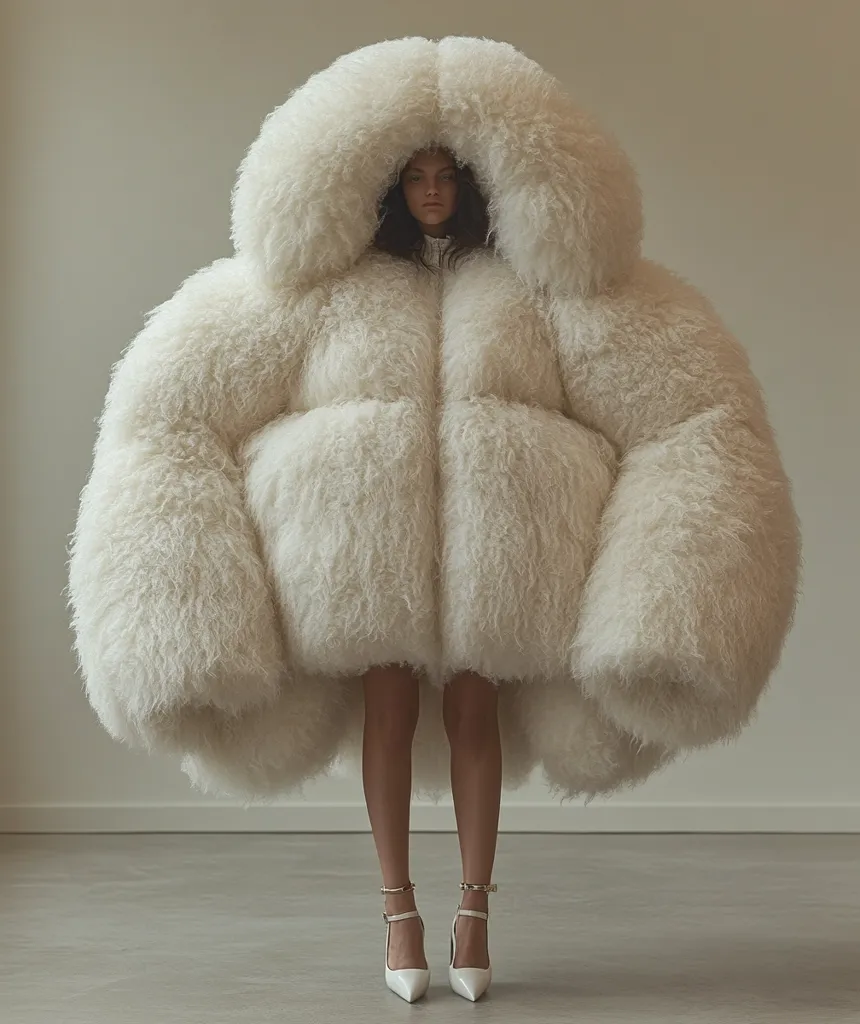 A woman is wearing a massive white fluffy coat with a large hood. The coat is so big that it appears to be engulfing her. The coat is made of a fluffy material that resembles sheepskin or faux fur. The woman is wearing white high heels and her legs are visible from underneath the coat. The background is a simple white wall. The image is a fashion shot and highlights the exaggerated size of the coat.