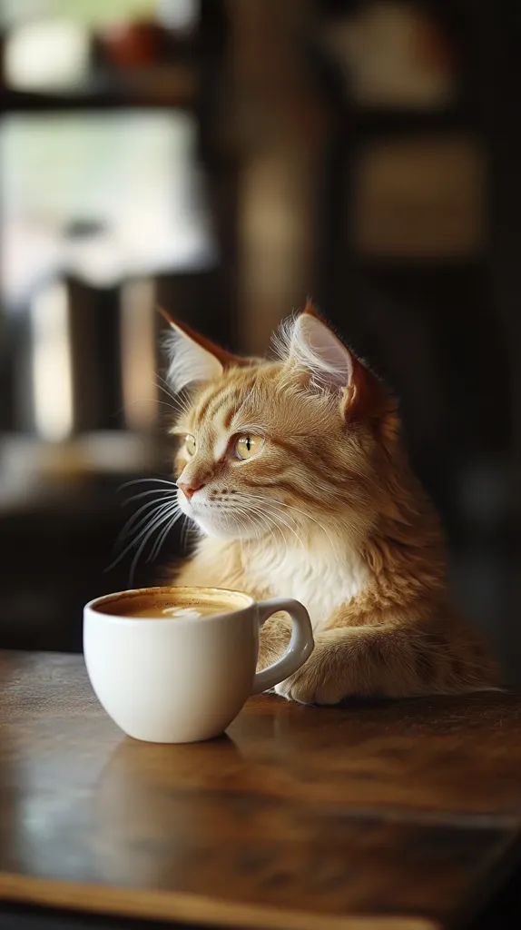 A ginger cat sits at a wooden table with a cup of coffee in front of it. The cat has its paws resting on the table and is looking off to the side. The cup of coffee is white and has a brown liquid inside. The background is blurred and out of focus. The cat appears to be enjoying the coffee and the warm ambiance.
