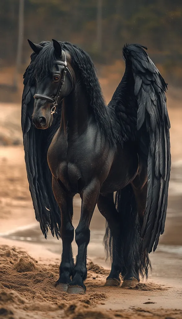 A majestic black horse with large, dark feathered wings stands on a sandy beach. The horse has a sleek, muscular build and a long flowing mane and tail. The wings are spread out, and the horse's head is turned to the side, looking at something off-screen. The background is blurry, but it appears to be a forest or woodland area. The image has a mystical and ethereal quality, suggesting that the horse is a creature of legend.