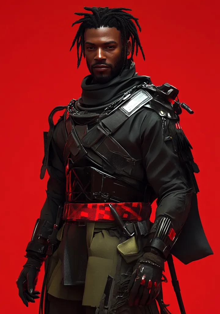 The image shows a man with dark skin, wearing a black futuristic outfit with a red and black patterned belt. He has long dreadlocks and a serious expression on his face. He is standing against a bright red background, creating a striking contrast. His outfit is adorned with straps, buckles, and a pouch, suggesting a warrior or a futuristic soldier.