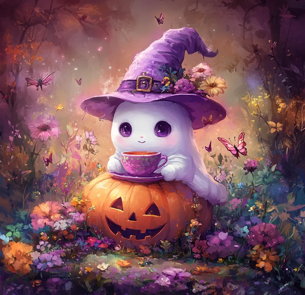 A cute, white ghost with large purple eyes is wearing a purple witch's hat adorned with flowers. It sits on top of a carved pumpkin and holds a small teacup in its hands. The scene is set in a magical, autumnal forest filled with purple, pink, and orange flowers and fluttering butterflies. The overall image is whimsical and sweet, capturing the essence of Halloween magic.
