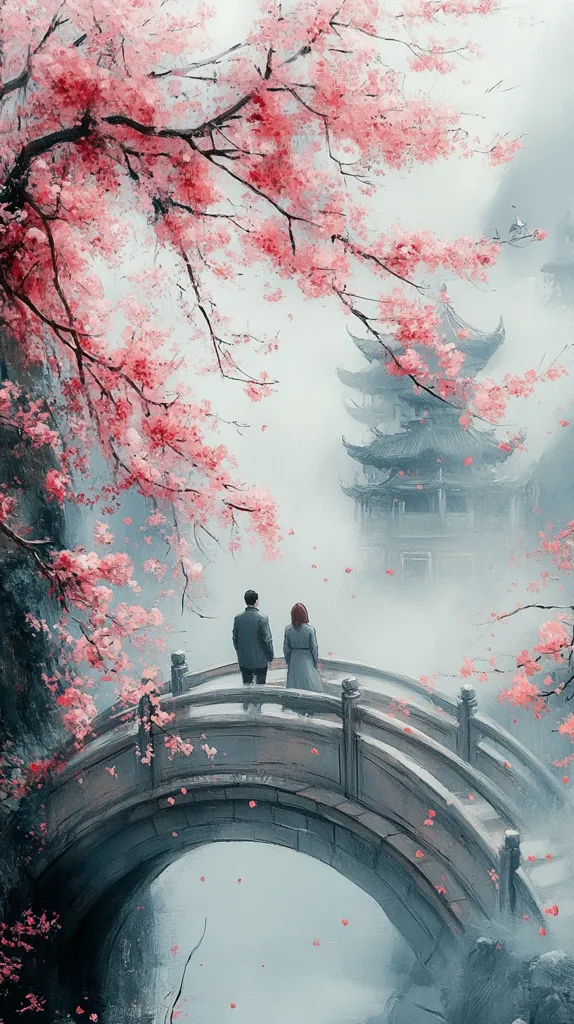 A couple stands on a stone bridge in a misty, serene landscape. Delicate pink blossoms fall from a cherry tree overhead, creating a romantic atmosphere. The bridge curves gracefully over a still body of water, leading towards a traditional Japanese temple shrouded in fog. The scene evokes a sense of tranquility and ethereal beauty.