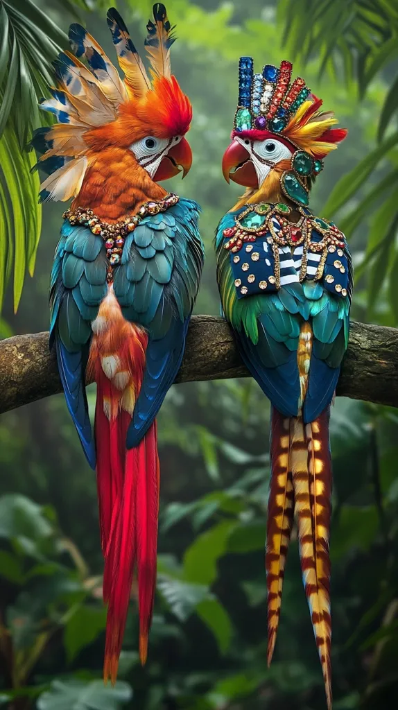 Two brightly colored parrots perch on a branch. The parrot on the left has a red head and a long red tail with blue, green, and yellow feathers. The parrot on the right has a green head with blue and yellow feathers and a long brown and yellow tail. Both parrots have intricate jewel-toned headdresses. They face each other, seemingly in conversation. The background is a lush, green, tropical jungle.  The colors are vibrant and the scene is lively and whimsical.