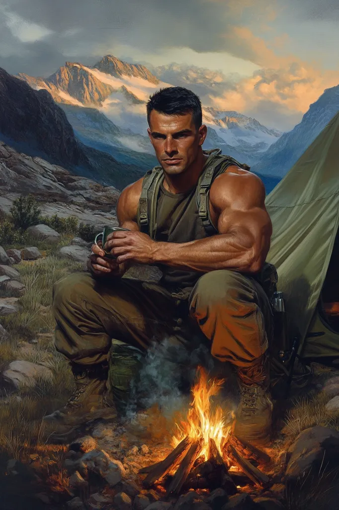 A muscular man in military gear sits by a campfire in a mountainous landscape. He is holding a cup in his hand and gazing thoughtfully into the distance. The setting sun casts a warm glow over the scene, creating a sense of tranquility. A tent and other camping gear are visible in the background, suggesting that the man is enjoying a solitary respite in nature.