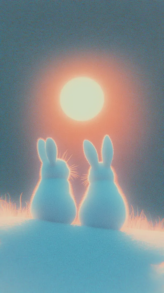 Two white rabbits sit facing each other, backlit by a large, glowing sun. The rabbits are silhouetted against the orange and pink sky, creating a soft and dreamy aesthetic. The image is reminiscent of a fairytale or a nostalgic memory, with a sense of peace and tranquility.  The grainy texture adds to the ethereal feel of the scene.