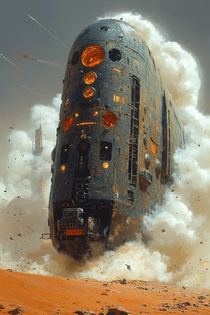 A large, cylindrical, rusty spacecraft with glowing windows descends onto a red, sandy surface.  The craft is engulfed in a thick cloud of smoke and debris.  In the background, a hazy cityscape and the faint streaks of passing spaceships suggest a futuristic, post-apocalyptic environment.  The scene conveys a sense of power and danger.