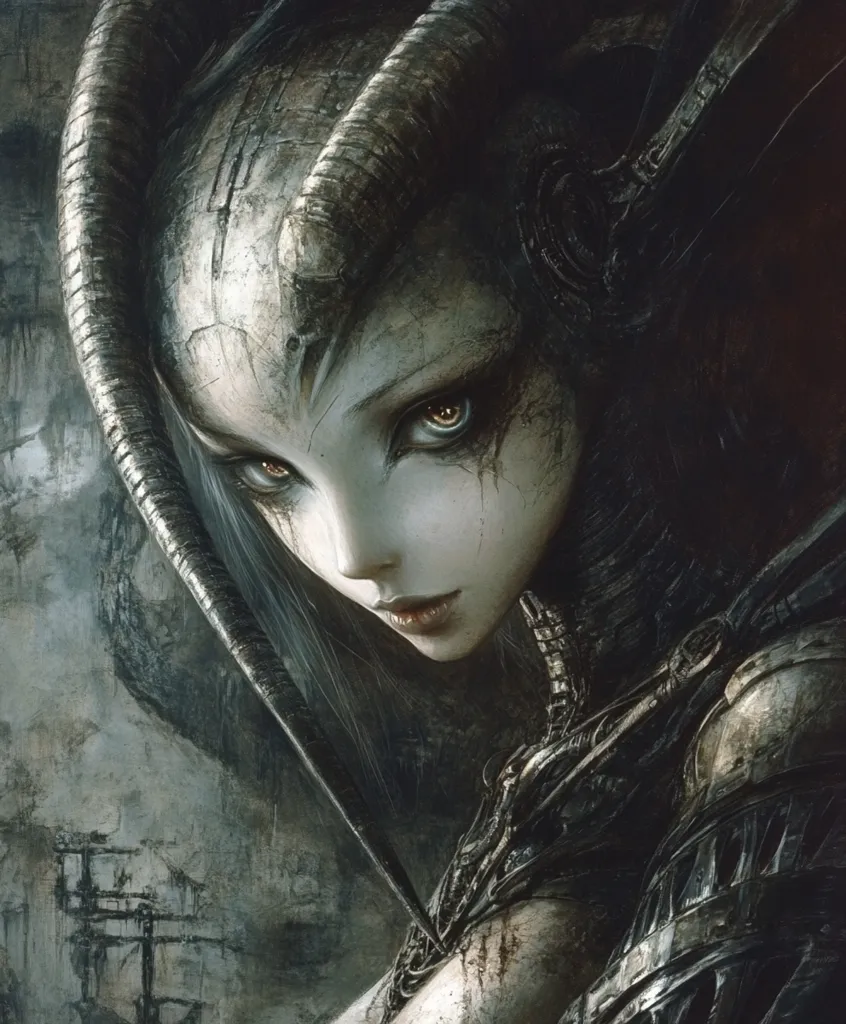 The image shows a female figure with dark, almost demonic features. She has sharp, pointed horns, dark eyes, and a pale complexion. Her skin is covered in dark lines and textures, and her attire is a combination of intricate, metallic armor and flowing, dark fabric. She gazes intently at the viewer, her expression a mix of intensity and mystery. The background is a blurred, abstract canvas of dark and light tones, adding an ethereal quality to the image. The overall mood is dark and enigmatic, hinting at a story of power, intrigue, and the unknown.