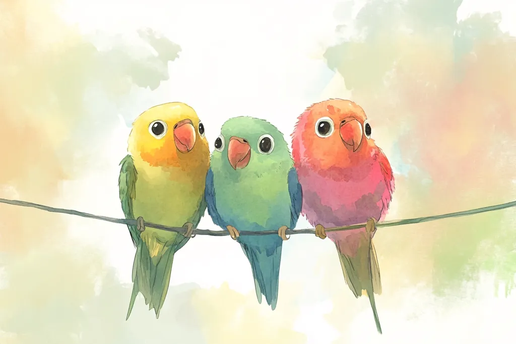 Three colorful birds are perched on a thin branch. The bird on the left is yellow with green wings. The middle bird is a vibrant green with blue wings and tail. The bird on the right is pink with a red beak and has brown wings and a tail. They are all looking to the right of the image with wide, curious eyes. The background is a soft watercolor wash of pink, yellow, and green.