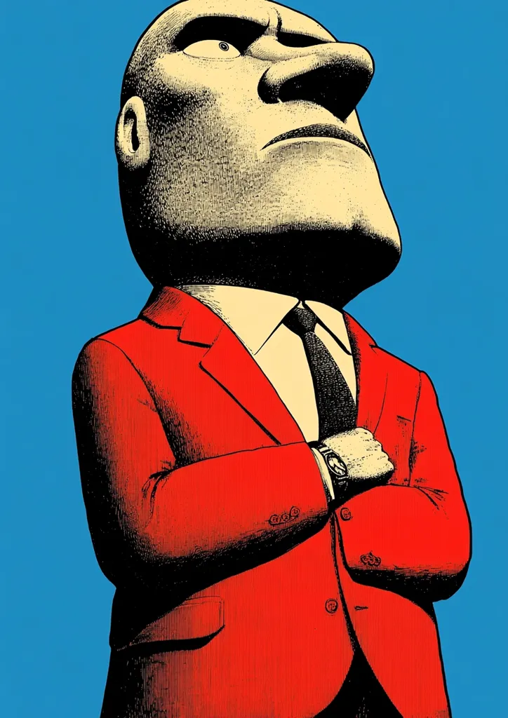 A cartoon man with a large nose and a serious expression wears a bright red suit and a dark tie. He stands with his arms crossed and looks up. His face is drawn in a stippled style, and the image has a vintage comic book aesthetic. The background is a solid blue.  The image is likely meant to represent a powerful and authoritative figure.