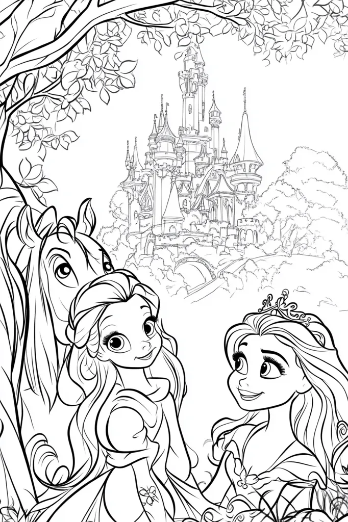 The image is a black and white drawing of two princesses standing in front of a large castle. One princess is holding a horse's head, and the other princess is looking at her with a smile. The castle is detailed and ornate, with many towers and spires. The princesses are dressed in flowing gowns. The drawing is set in a lush forest, with trees and bushes surrounding the princesses and the castle.  The image is likely from a children's book or coloring book.