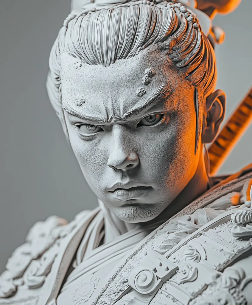 The image shows a close-up of a detailed, white sculpture of a warrior.  The sculpture's face is stern and focused, with intense eyes and a determined expression. The warrior's elaborate hairstyle and intricately carved armor suggest a historical or fantasy theme. The sculpture is well-lit, highlighting its textured surface and intricate details.  The background is a soft, out-of-focus gray.